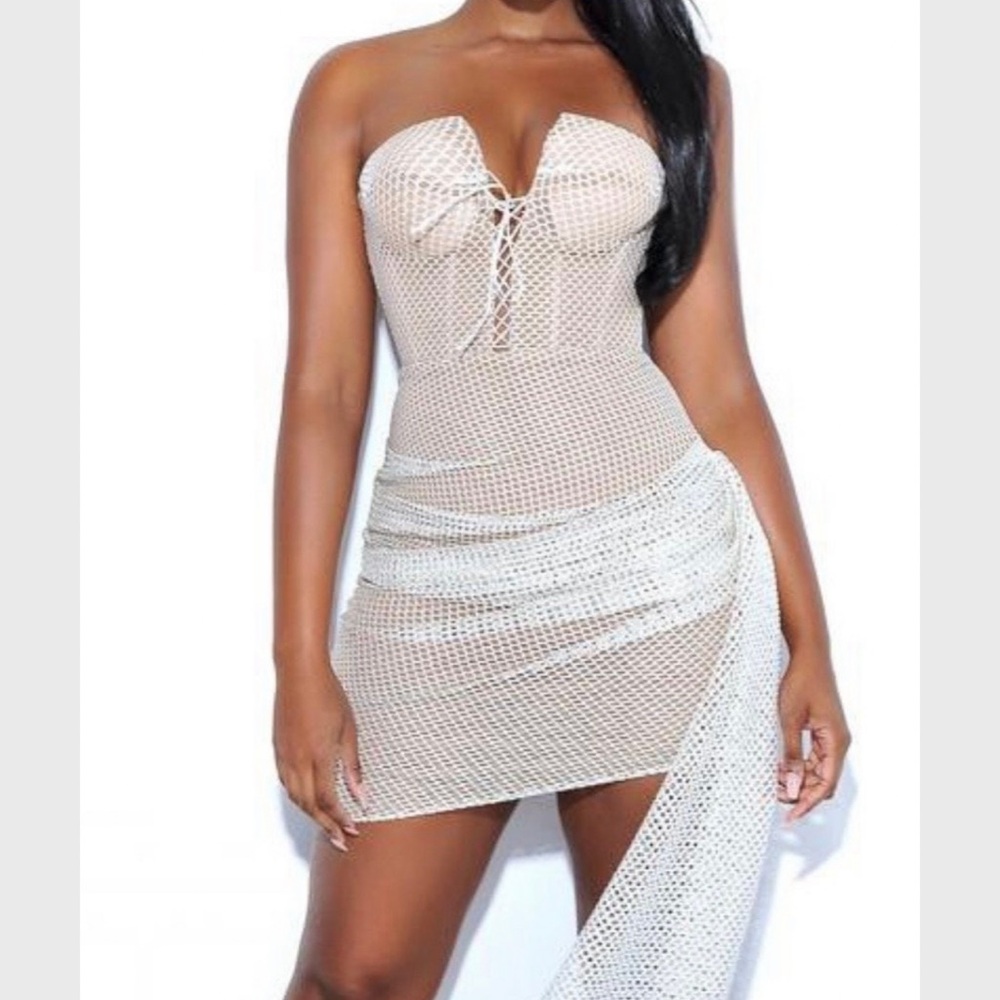 Cream Deep V Mesh with Gold Sparkle Tie Front Draped Mini Dress - NWT